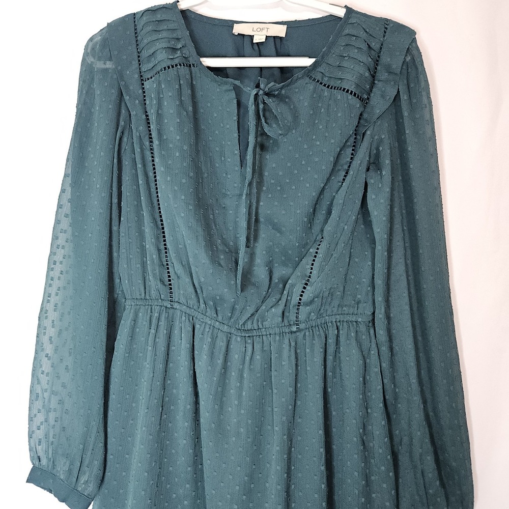 LOFT‎ Dress Womens Small Green Excellent Tie Neck Clip Dot Tiered Boho Romantic - Picture 6 of 10